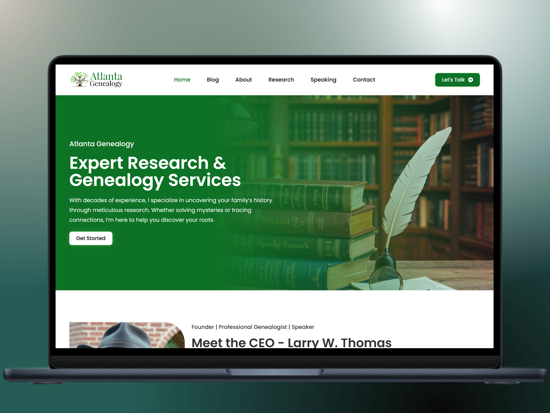 Illustrative design preview for Atlanta Genealogy — not a screenshot of the live website